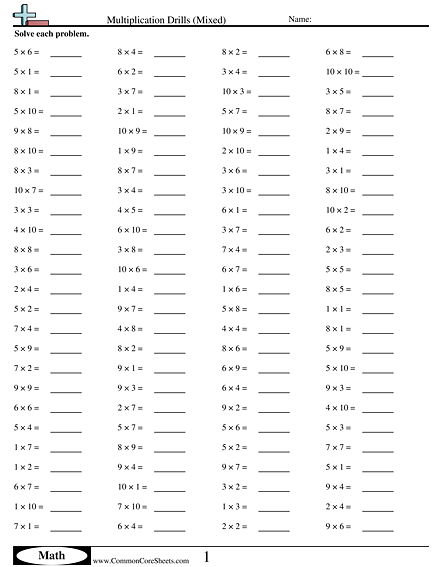 Math Drills Worksheets - Multiplication Drills (Mixed) worksheet